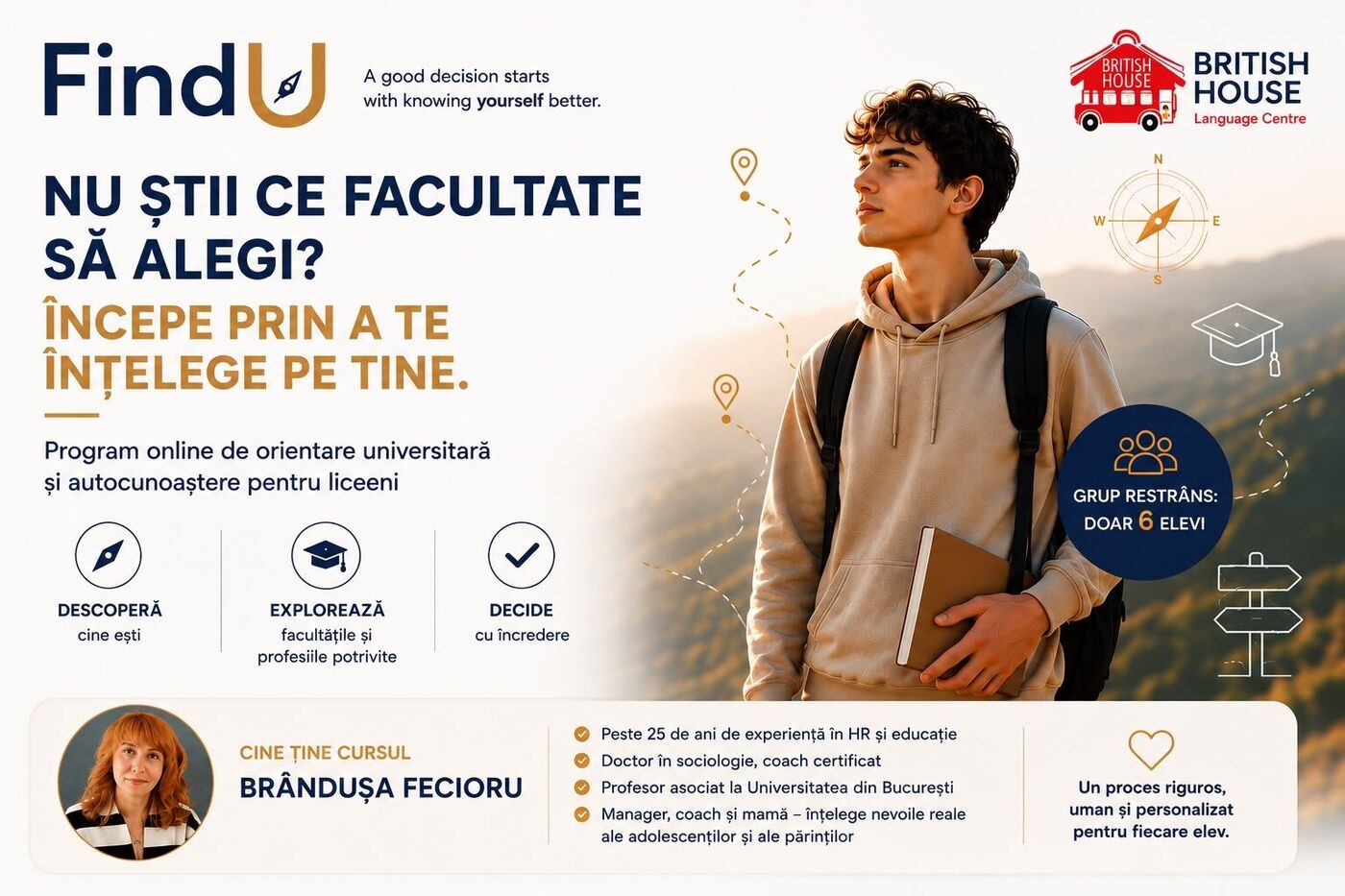 FindU — program online de orientare universitară și autocunoaștere pentru liceeni, susținut de Brândușa Fecioru la British House